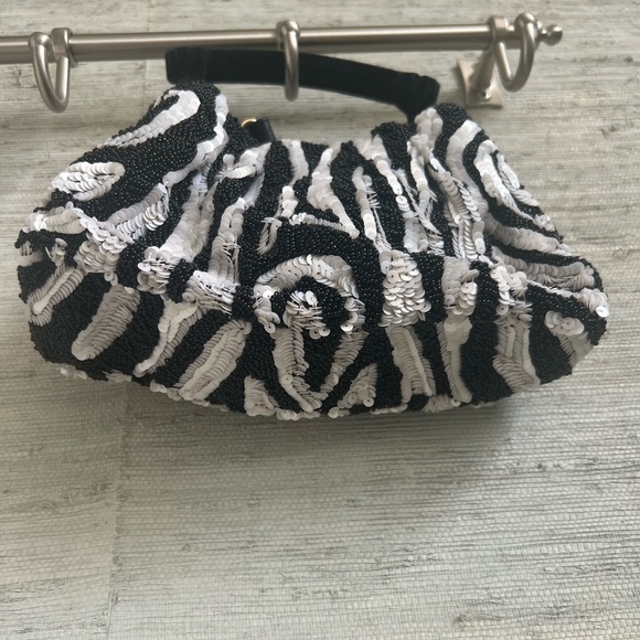 New Anthropologie sequin beaded animal clutch crossbody bag black white zebra - Picture 8 of 17